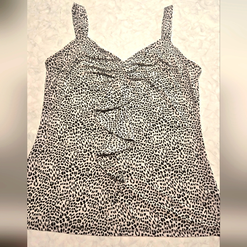 White House Black Market Black and White Leopard Print Ruffle Front Stretchytank